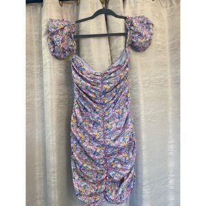 SNDYS Floral Mini Dress Ruched Bodycon Puff Sleeve Party PurpleSize medium.